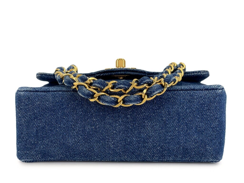 Vintage Blue Quilted Denim Square Mini Flap Bag Gold Hardware, 1990