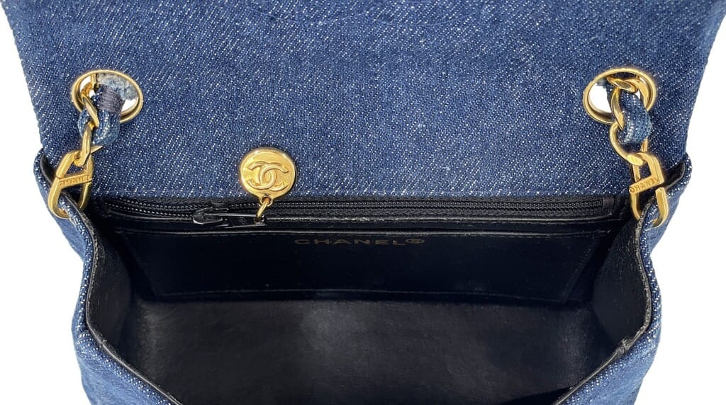 Vintage Blue Quilted Denim Square Mini Flap Bag Gold Hardware, 1990
