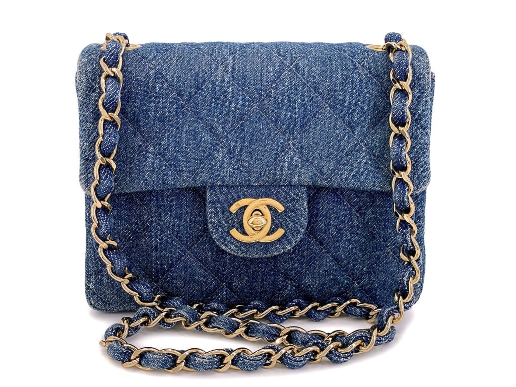 Vintage Blue Quilted Denim Square Mini Flap Bag Gold Hardware, 1998
