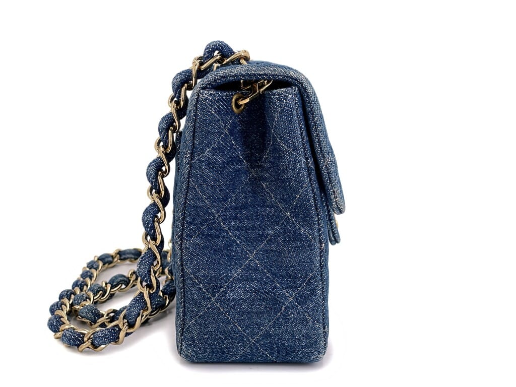 Vintage Blue Quilted Denim Square Mini Flap Bag Gold Hardware, 1998