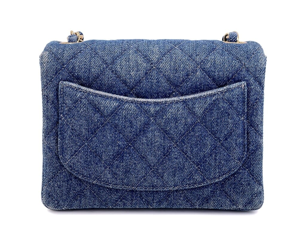 Vintage Blue Quilted Denim Square Mini Flap Bag Gold Hardware, 1998