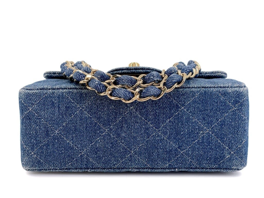 Vintage Blue Quilted Denim Square Mini Flap Bag Gold Hardware, 1998