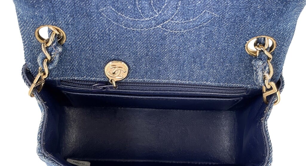 Vintage Blue Quilted Denim Square Mini Flap Bag Gold Hardware, 1998