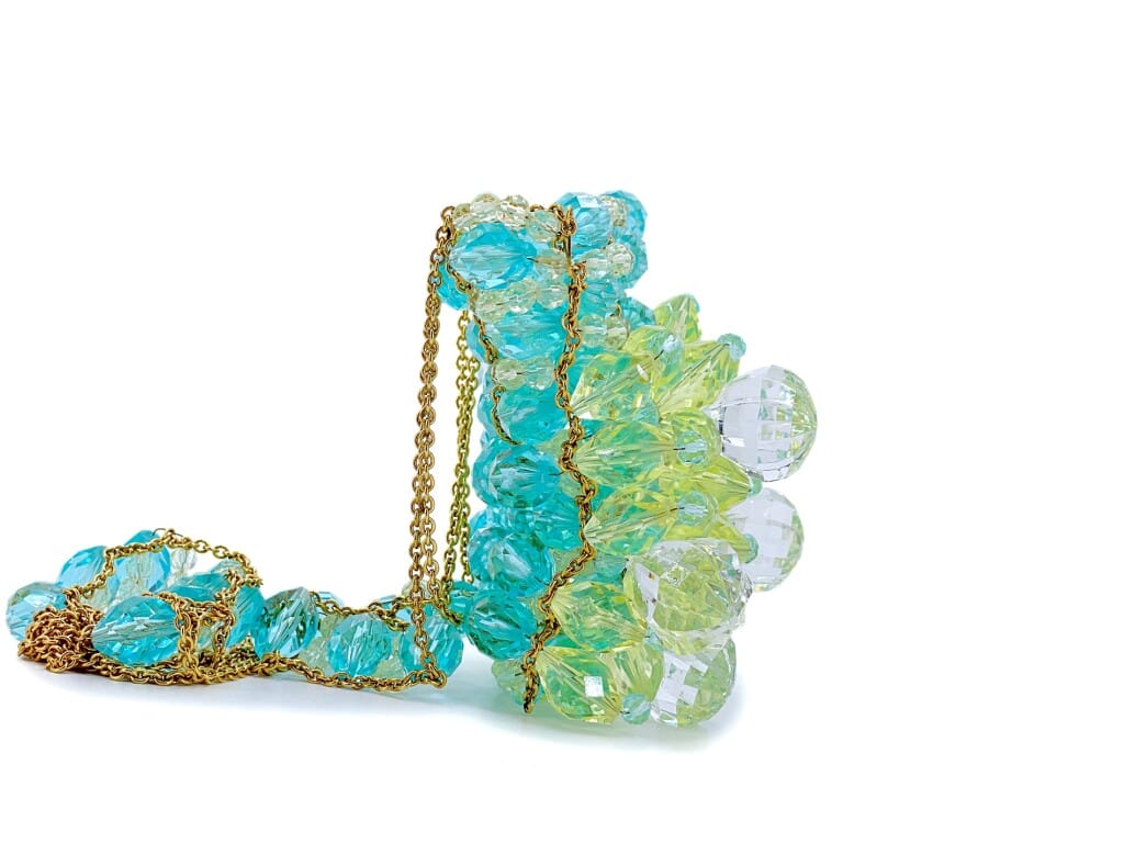 Vintage Blue and Green Lucite Crystal Beaded Evening Bag Gold Hardware, 1997