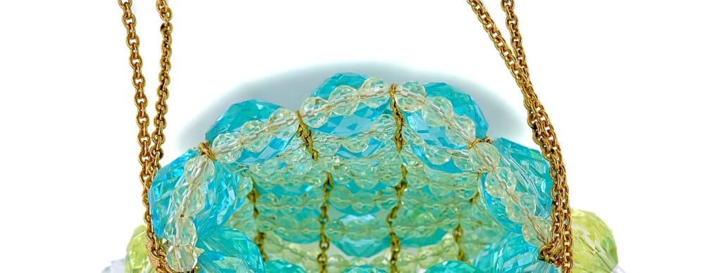 Vintage Blue and Green Lucite Crystal Beaded Evening Bag Gold Hardware, 1997