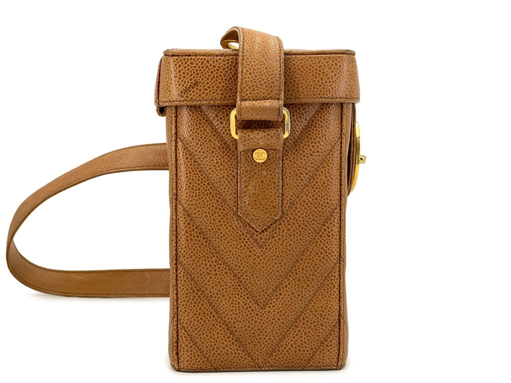 Vintage Caramel Brown Quilted Chevron Caviar Encircled CC Vanity Case Bag Gold Hardware, 1991-1994