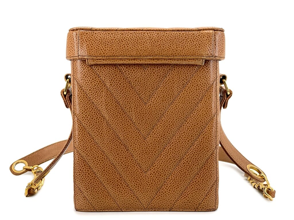 Vintage Caramel Brown Quilted Chevron Caviar Encircled CC Vanity Case Bag Gold Hardware, 1991-1994