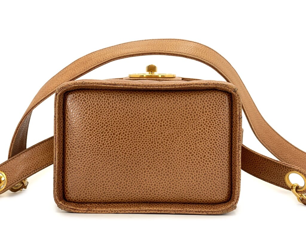 Vintage Caramel Brown Quilted Chevron Caviar Encircled CC Vanity Case Bag Gold Hardware, 1991-1994