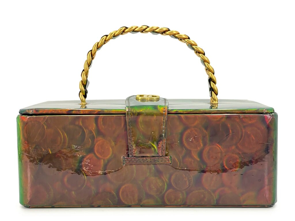 Vintage Holographic Vinyl Green Vanity Case Bag Gold Hardware, 1995