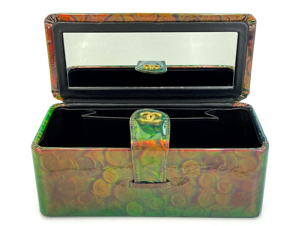 Vintage Holographic Vinyl Green Vanity Case Bag Gold Hardware, 1995