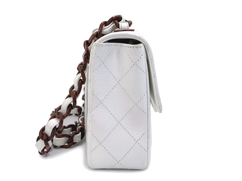 Vintage White Quilted Caviar Medium Classic Flap Bag Wooden Hardware, 1997-1999