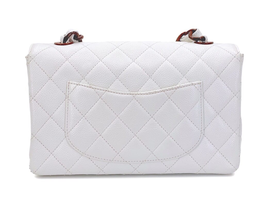 Vintage White Quilted Caviar Medium Classic Flap Bag Wooden Hardware, 1997-1999