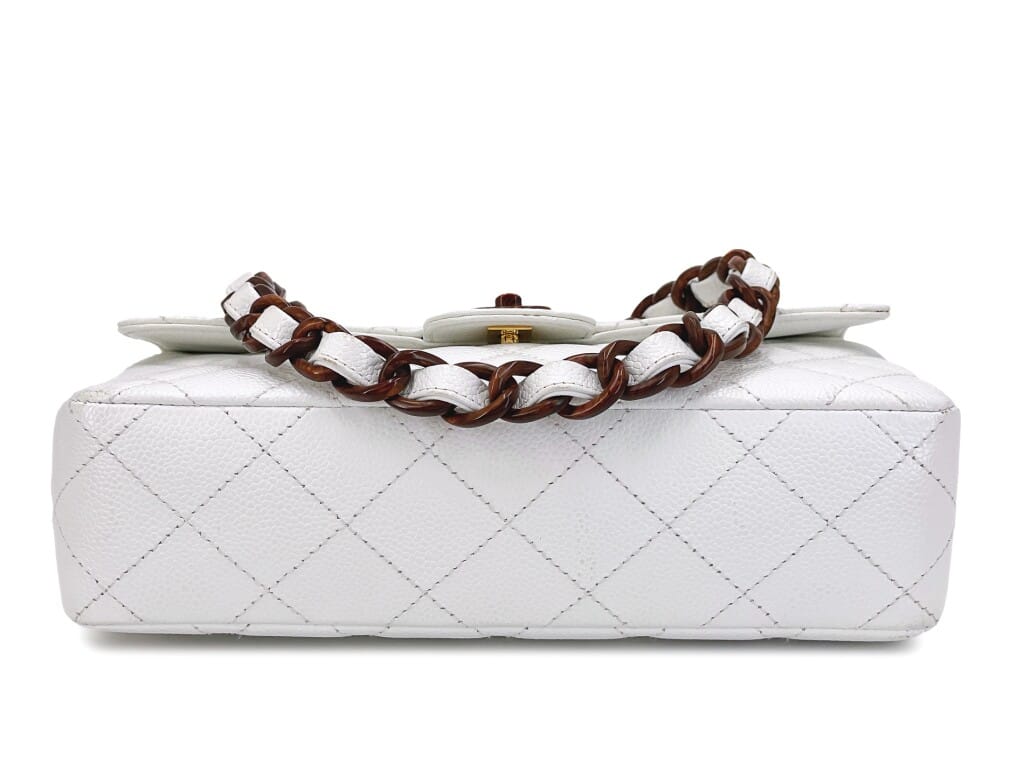 Vintage White Quilted Caviar Medium Classic Flap Bag Wooden Hardware, 1997-1999
