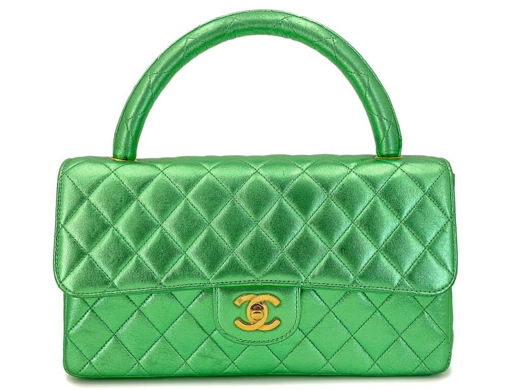 Vintage Metallic Green Quilted Lambskin Parent-Child Set Classic Flap Bag Gold Hardware, 1990s