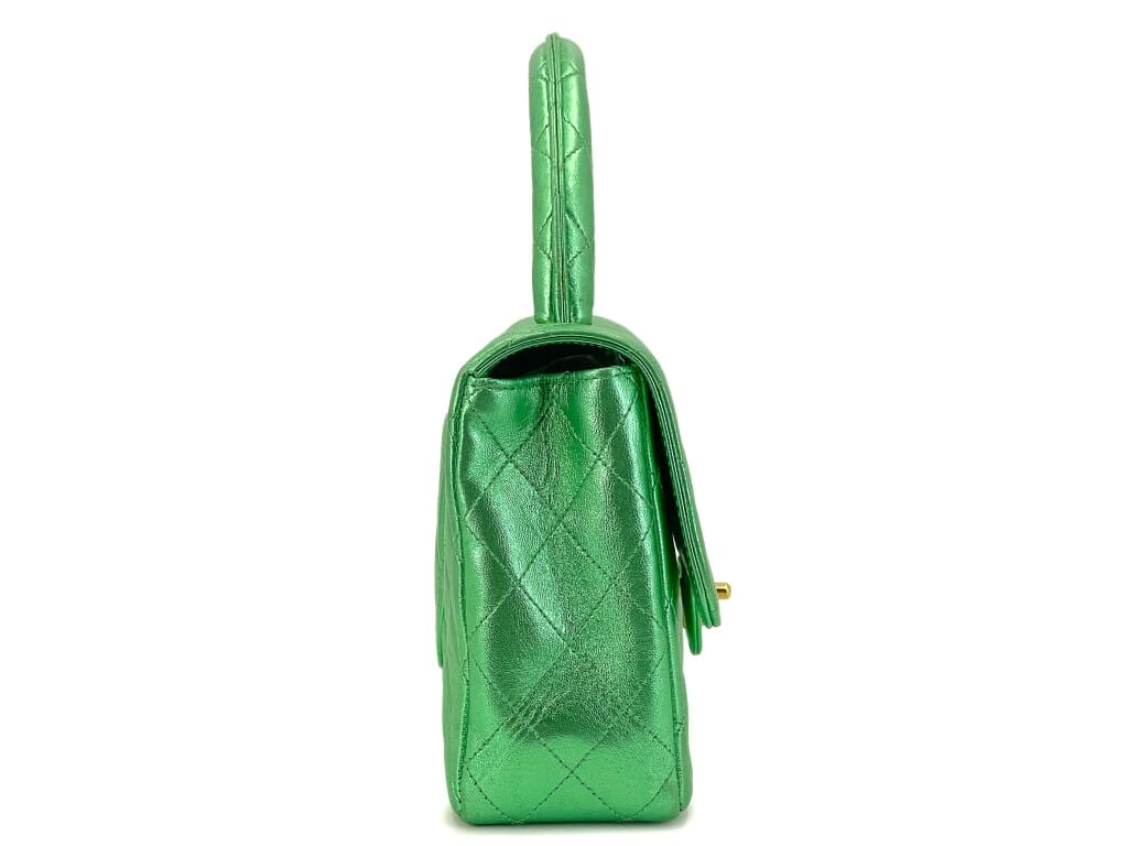 Vintage Metallic Green Quilted Lambskin Parent-Child Set Classic Flap Bag Gold Hardware, 1990s