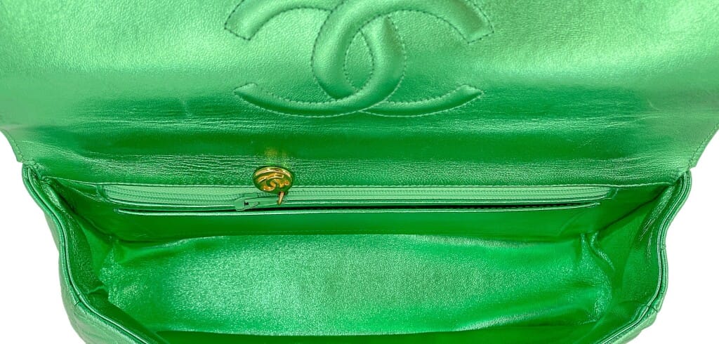 Vintage Metallic Green Quilted Lambskin Parent-Child Set Classic Flap Bag Gold Hardware, 1990s
