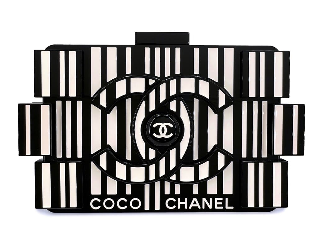 Black and Off-White Plexiglass Boy Brick Barcode Lego Supermarket Minaudière Clutch Bag Ruthenium Hardware, 2014