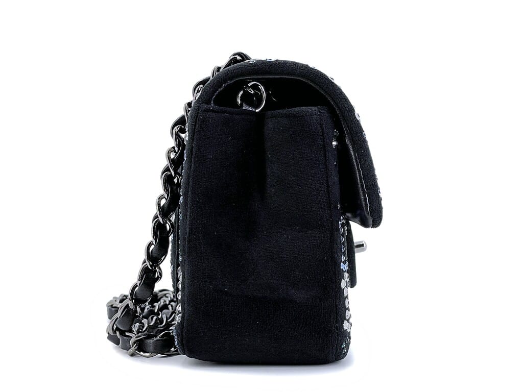 Midnight Navy Blue Velvet Crystal CC Embellished Rectangular Mini Flap Bag Ruthenium Hardware, 2020
