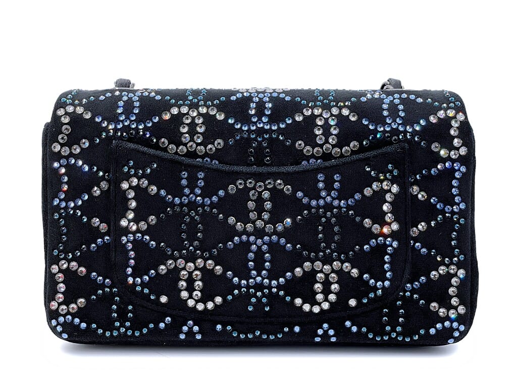 Midnight Navy Blue Velvet Crystal CC Embellished Rectangular Mini Flap Bag Ruthenium Hardware, 2020