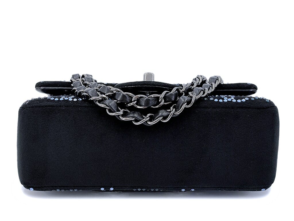 Midnight Navy Blue Velvet Crystal CC Embellished Rectangular Mini Flap Bag Ruthenium Hardware, 2020