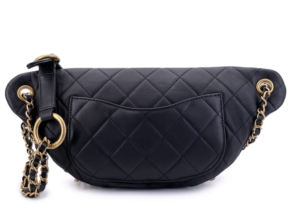 Black Quilted Lambskin, Imitation Pearl Paris-New York All About Chains Fanny Pack Waist Bag Aged Gold Hardware, 2019