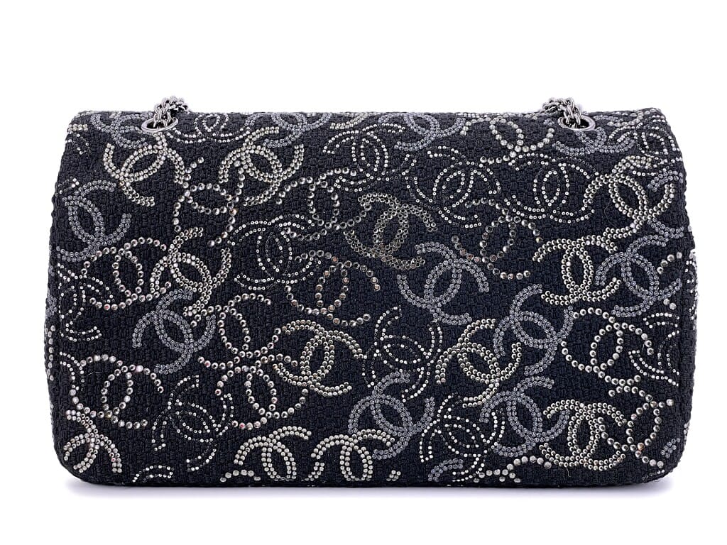 Black Tweed Strass Crystal CC Paris-Shanghai Pudong Jumbo Classic Single Flap Bag Silver Hardware, 2010