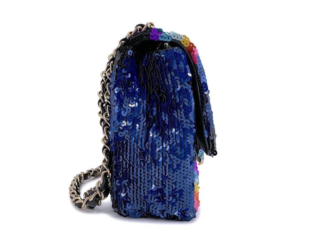 Rainbow Sequin and Blue Lambskin Medium Single Flap Bag Gold Hardware, 2021