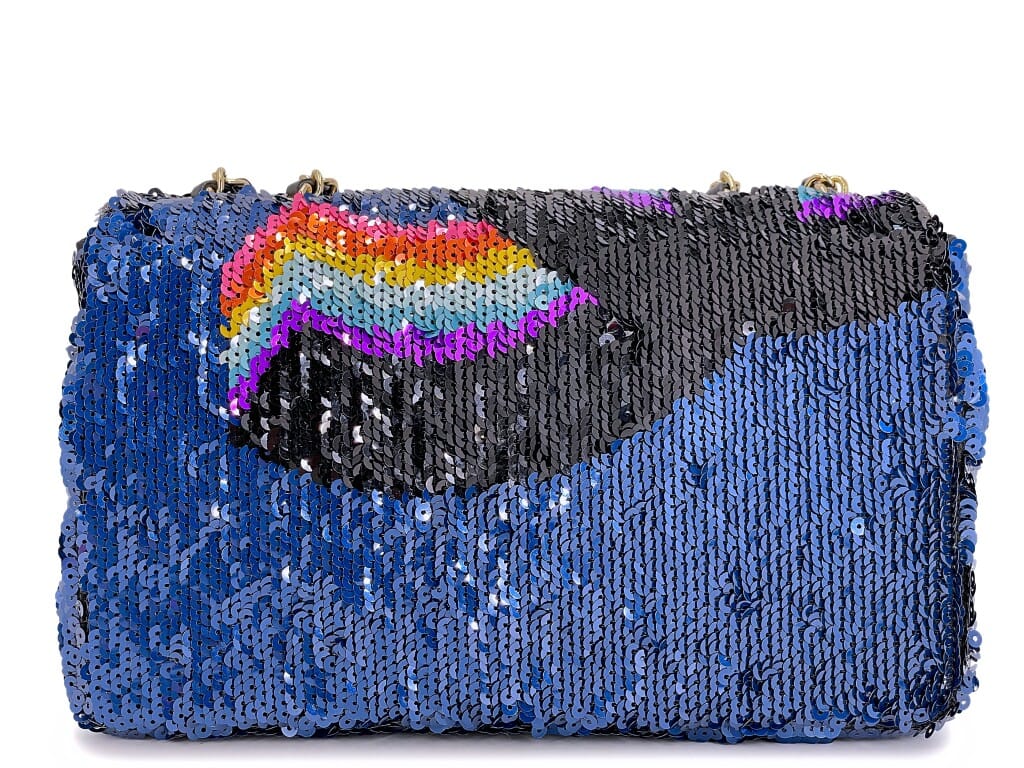 Rainbow Sequin and Blue Lambskin Medium Single Flap Bag Gold Hardware, 2021