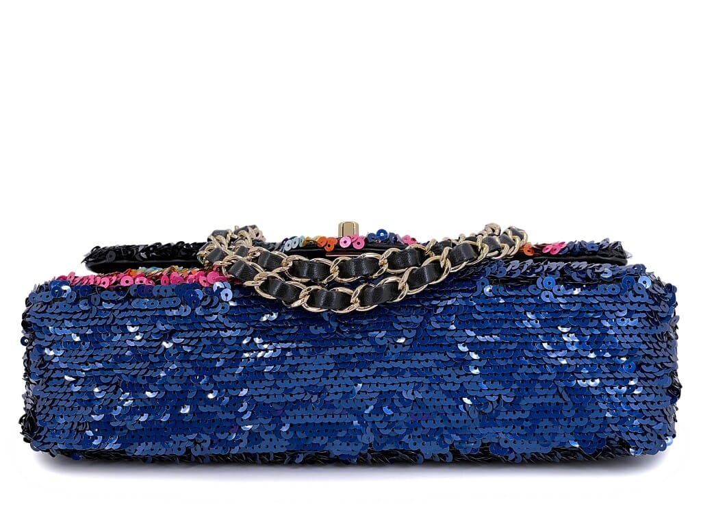 Rainbow Sequin and Blue Lambskin Medium Single Flap Bag Gold Hardware, 2021