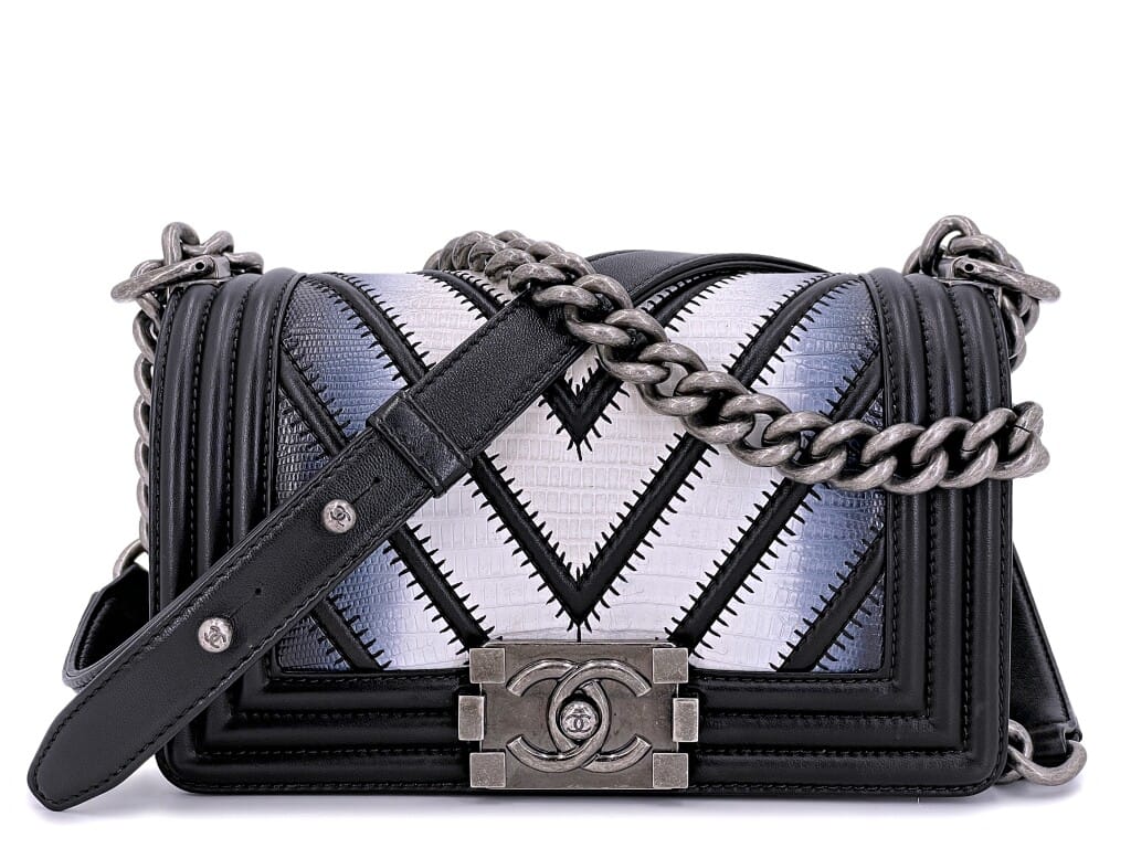 Black Chevron Lizard Airlines Boy Classic Flap Bag Ruthenium Hardware, 2016