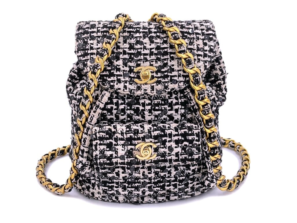Vintage Black and White Tweed Duma Backpack Gold Hardware, 1994