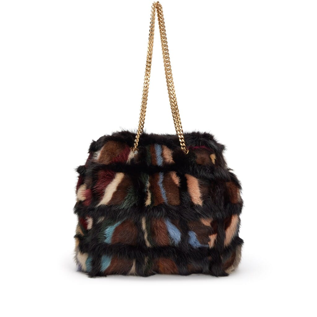 Multicolor Mink Fur Patchwork Tote Brushed Gold Hardware, 2000