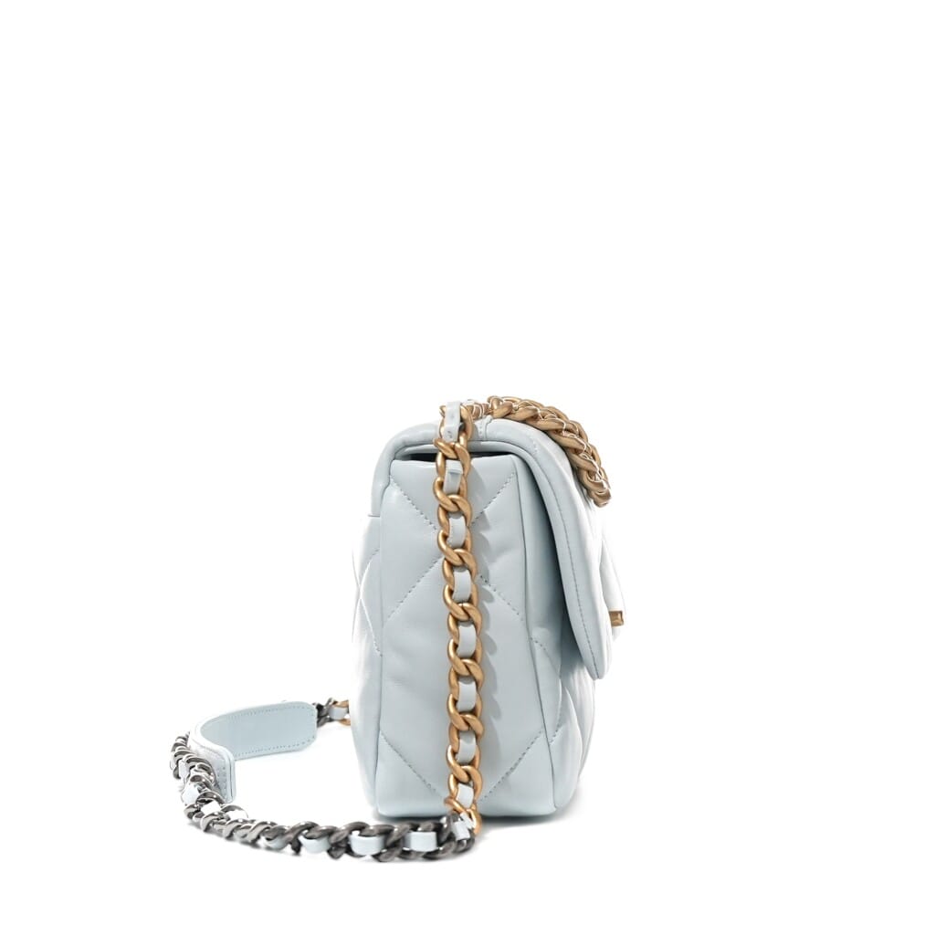 Light Blue Quilted Lambskin Small Chanel 19 Flap Aged Gold, Ruthenium and Silver Hardware