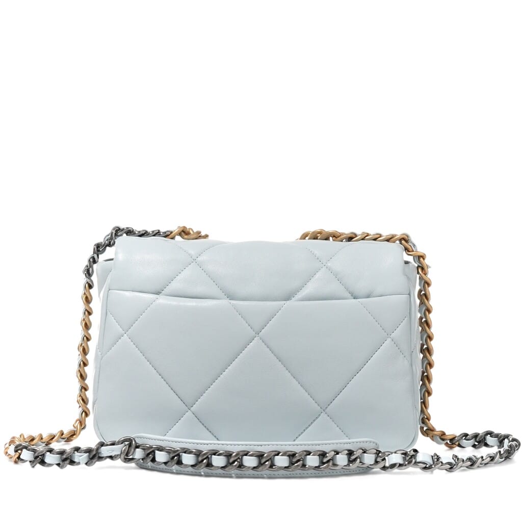 Light Blue Quilted Lambskin Small Chanel 19 Flap Aged Gold, Ruthenium and Silver Hardware