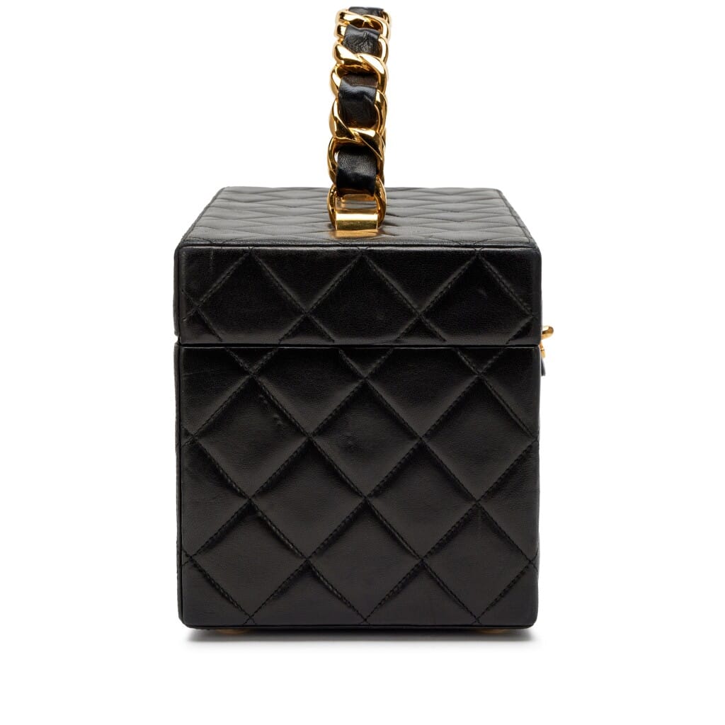 Vintage Black Quilted Lambskin Large Vanity Box Bag Gold Hardware, 1994-1996