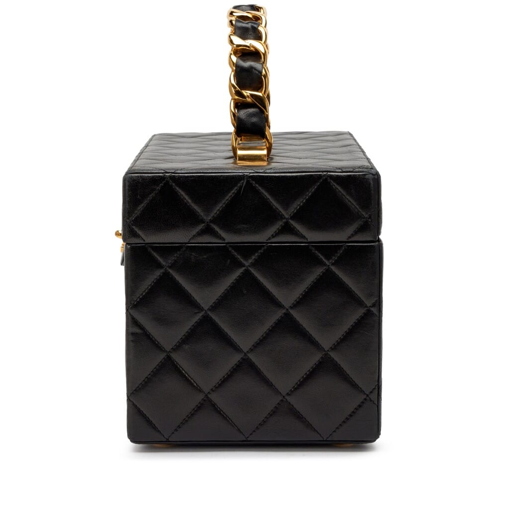 Vintage Black Quilted Lambskin Large Vanity Box Bag Gold Hardware, 1994-1996