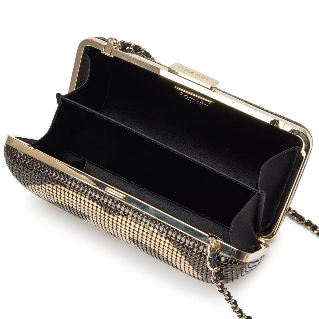 Black and Light Gold Mesh Ombre Hollywood Clutch on Chain Minaudière Light Gold Hardware, 2014