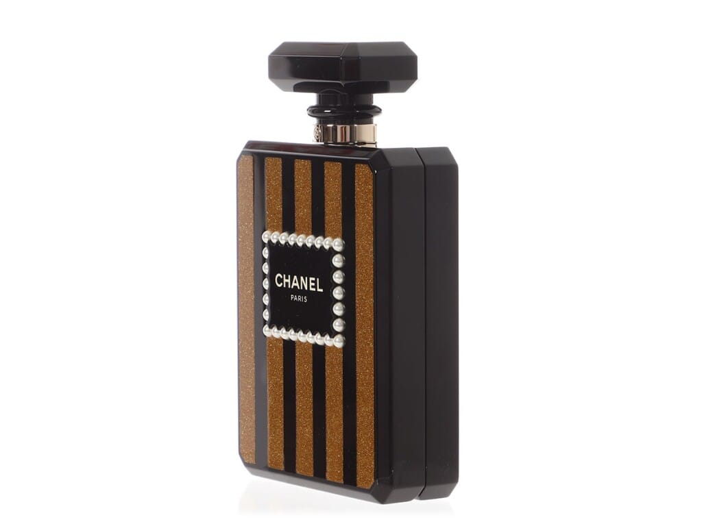 Black and Gold Plexiglass Perfume Bottle Minaudière Gold Hardware, 2017