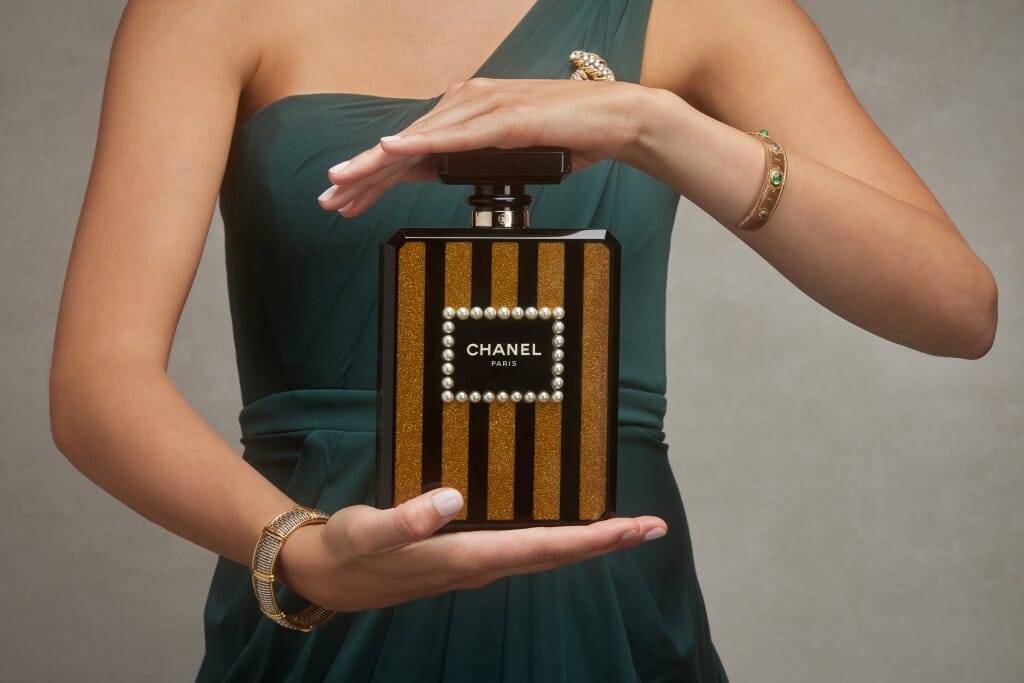 Black and Gold Plexiglass Perfume Bottle Minaudière Gold Hardware, 2017