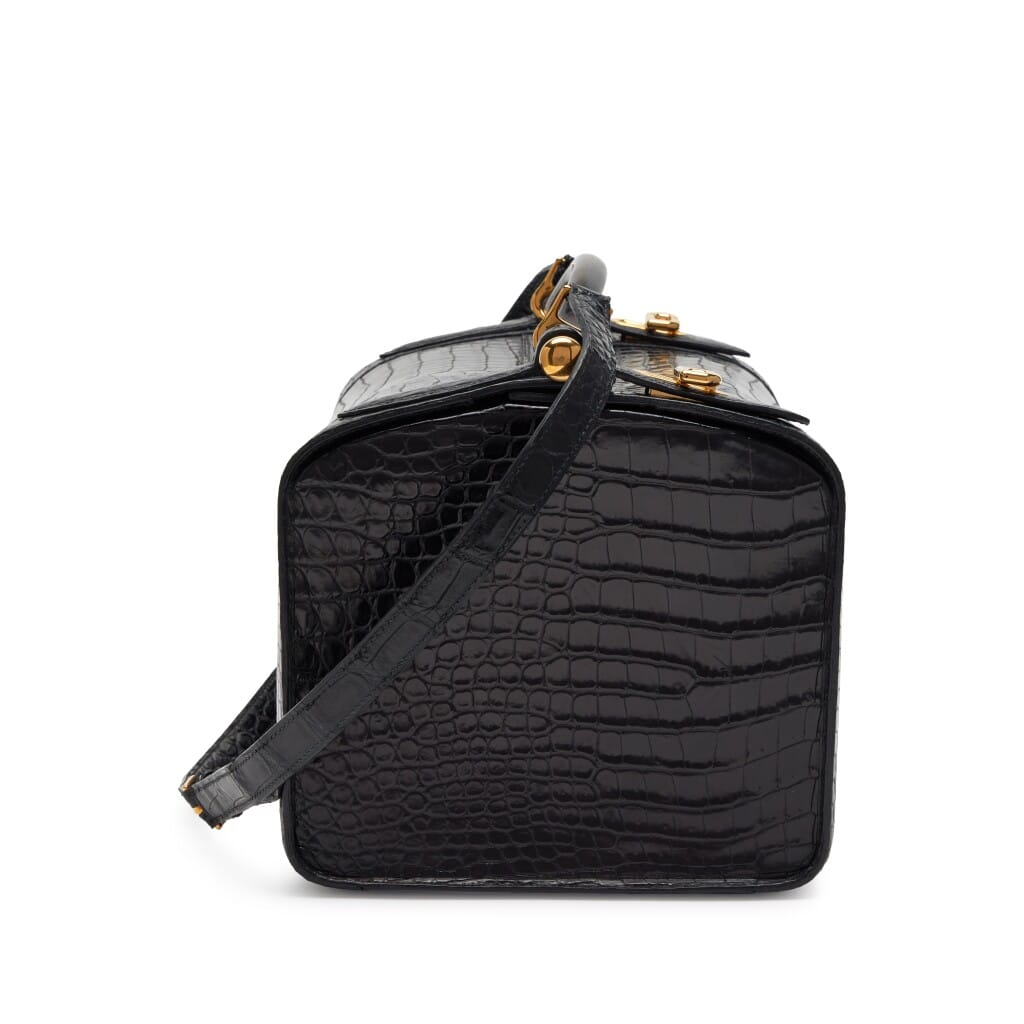 Black Crocodile Cosmos Cosmetic Train Vanity Case Wood Handle Bag Gold Hardware, 1970s