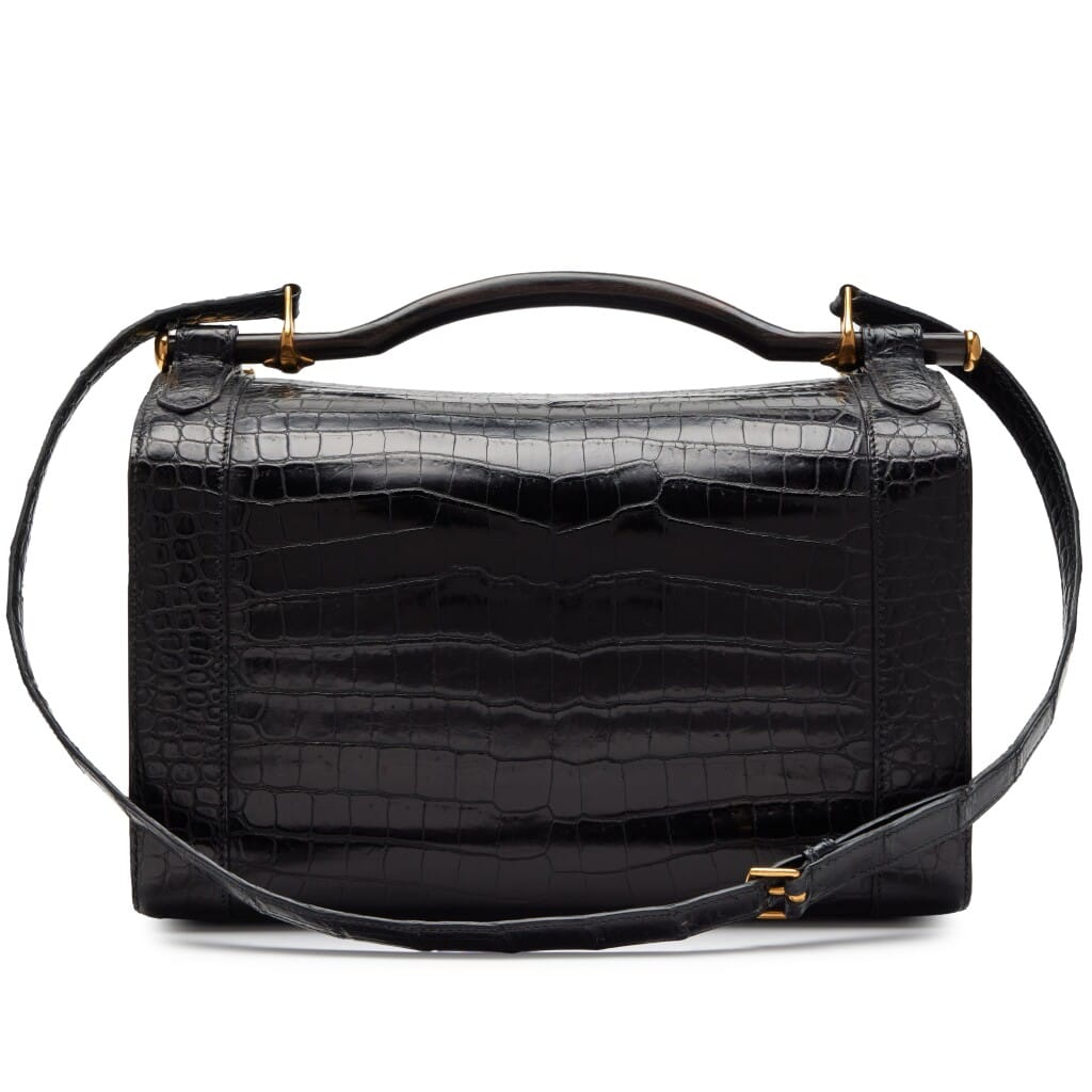 Black Crocodile Cosmos Cosmetic Train Vanity Case Wood Handle Bag Gold Hardware, 1970s