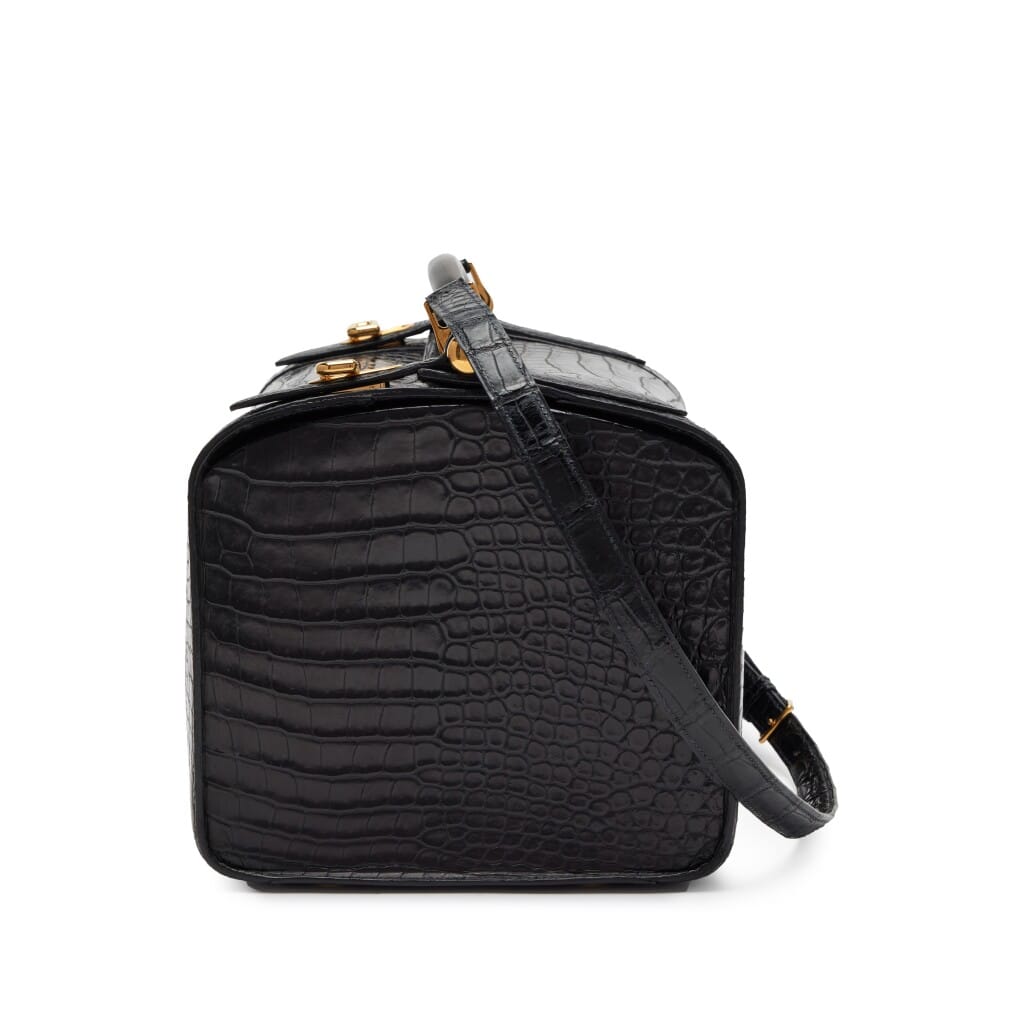 Black Crocodile Cosmos Cosmetic Train Vanity Case Wood Handle Bag Gold Hardware, 1970s