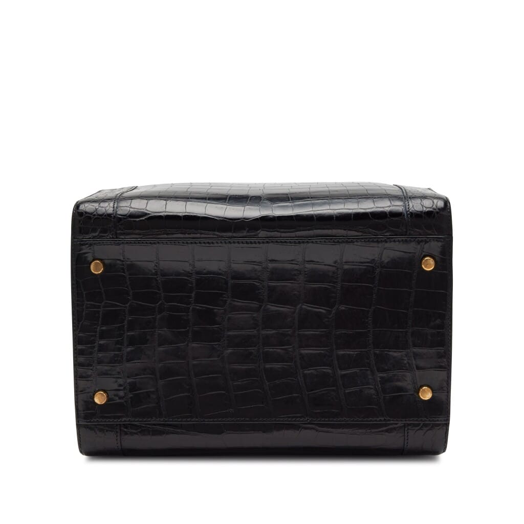 Black Crocodile Cosmos Cosmetic Train Vanity Case Wood Handle Bag Gold Hardware, 1970s