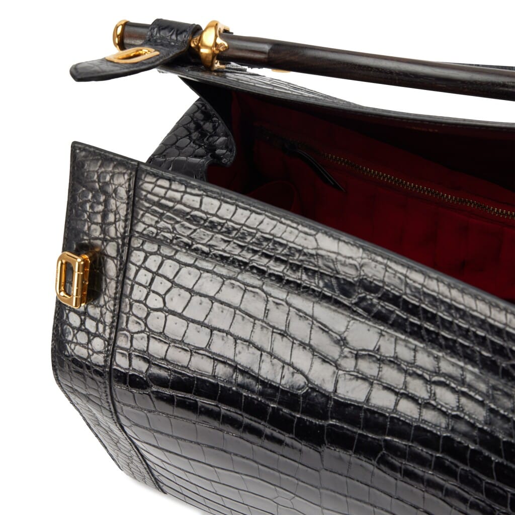 Black Crocodile Cosmos Cosmetic Train Vanity Case Wood Handle Bag Gold Hardware, 1970s