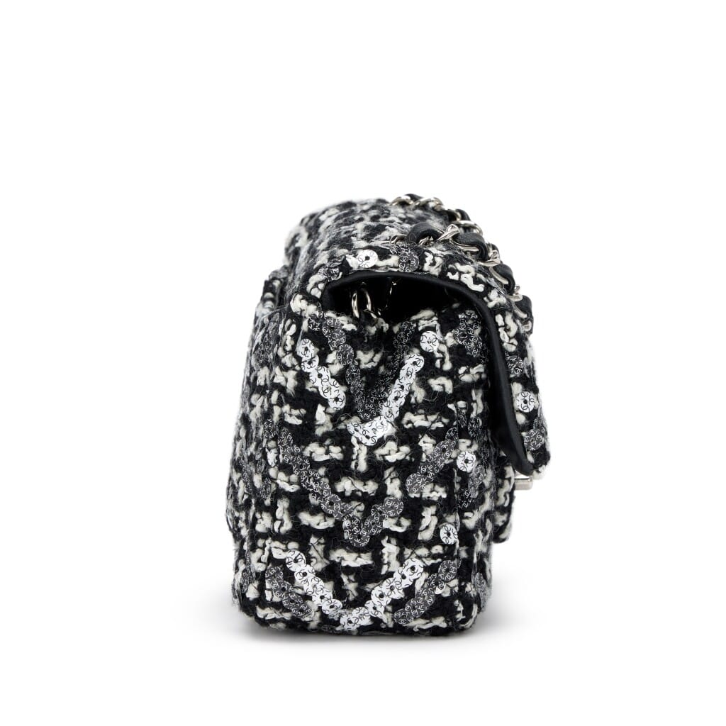 Black and White Tweed Sequin Mini Rectangular Classic Single Flap Bag Silver Hardware, 2021