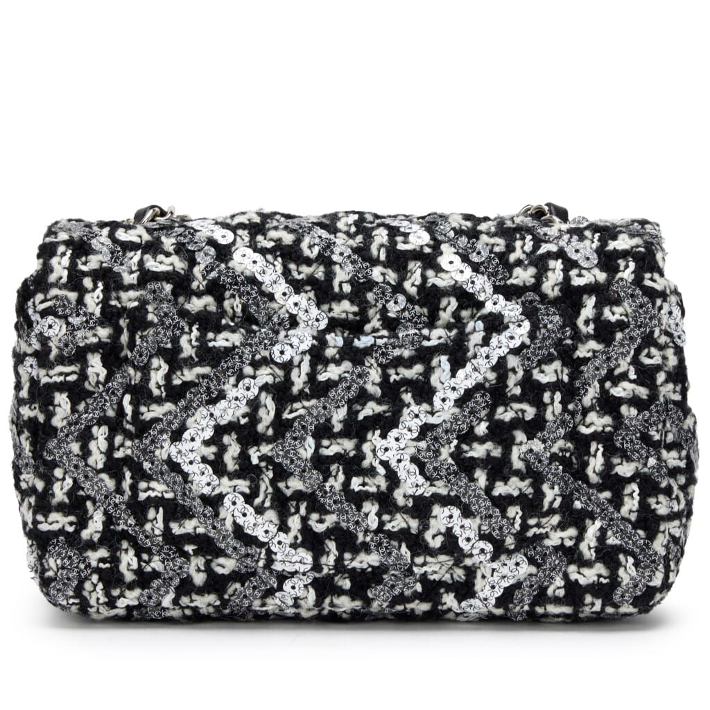 Black and White Tweed Sequin Mini Rectangular Classic Single Flap Bag Silver Hardware, 2021