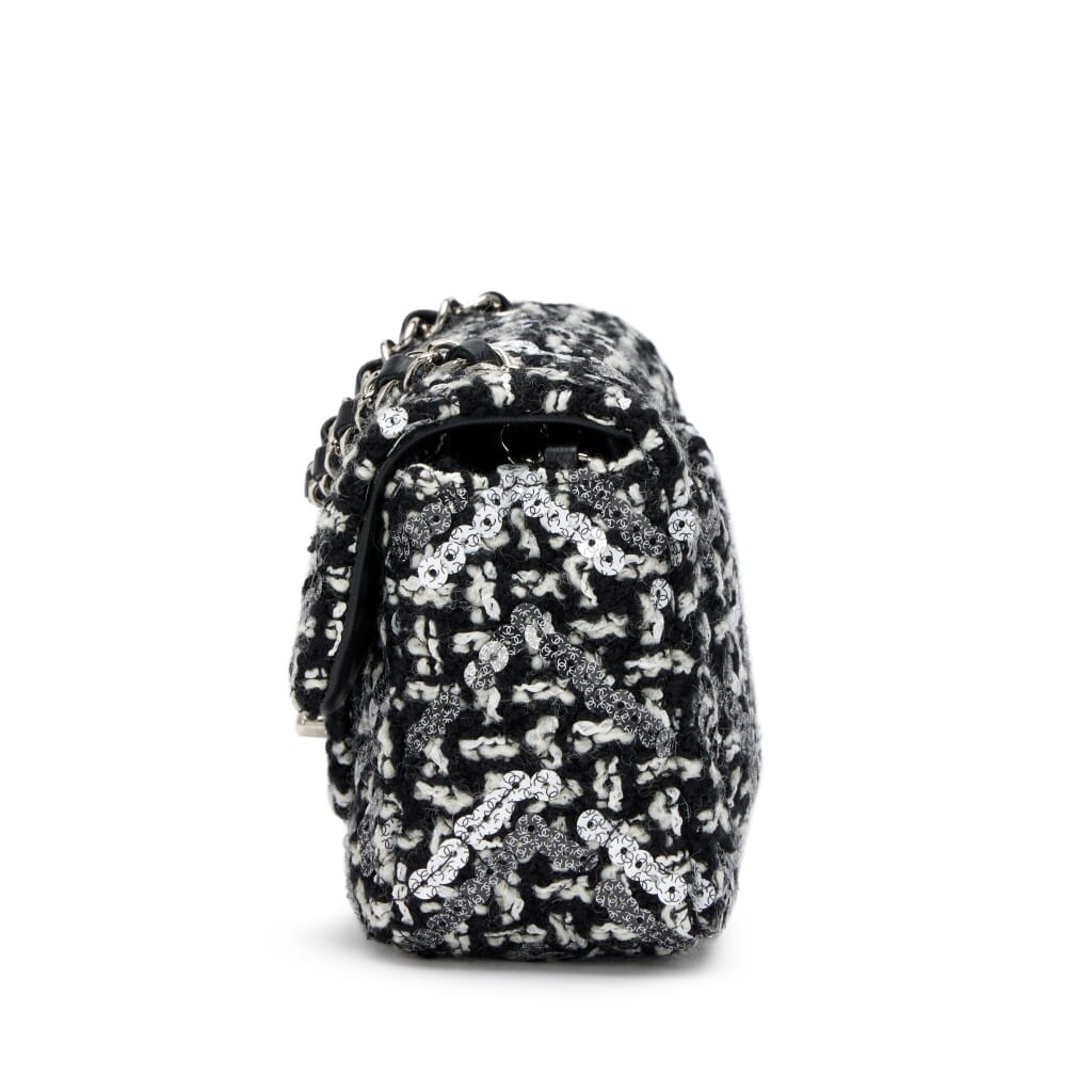 Black and White Tweed Sequin Mini Rectangular Classic Single Flap Bag Silver Hardware, 2021