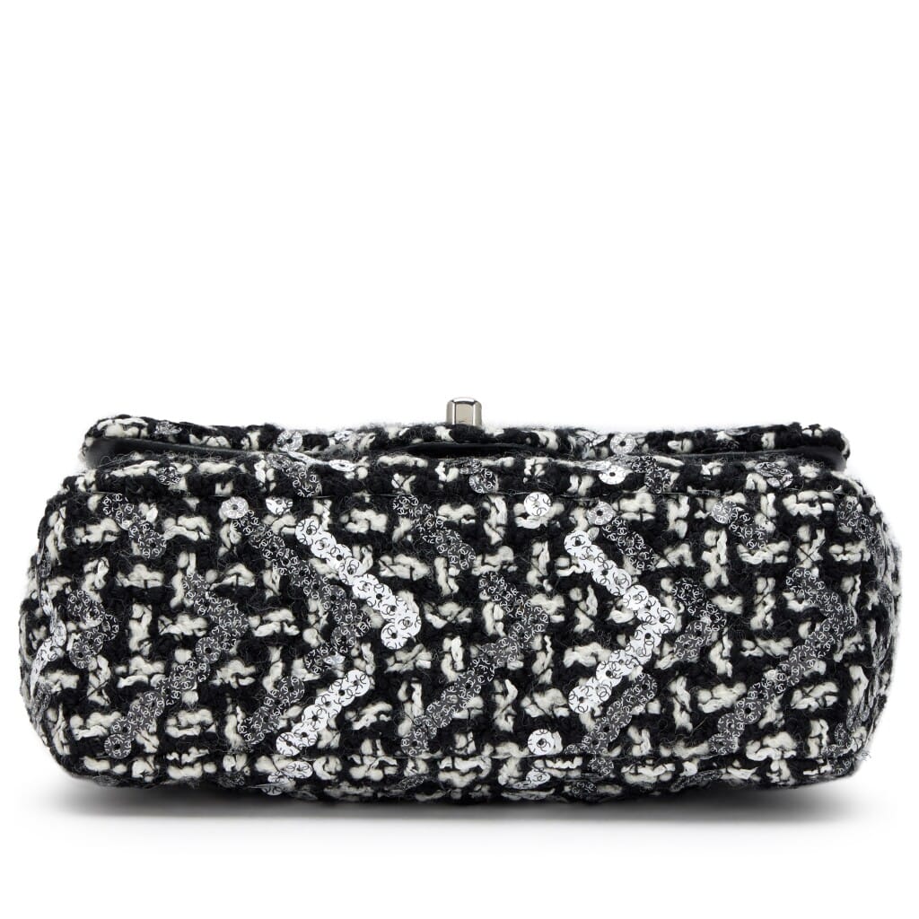 Black and White Tweed Sequin Mini Rectangular Classic Single Flap Bag Silver Hardware, 2021