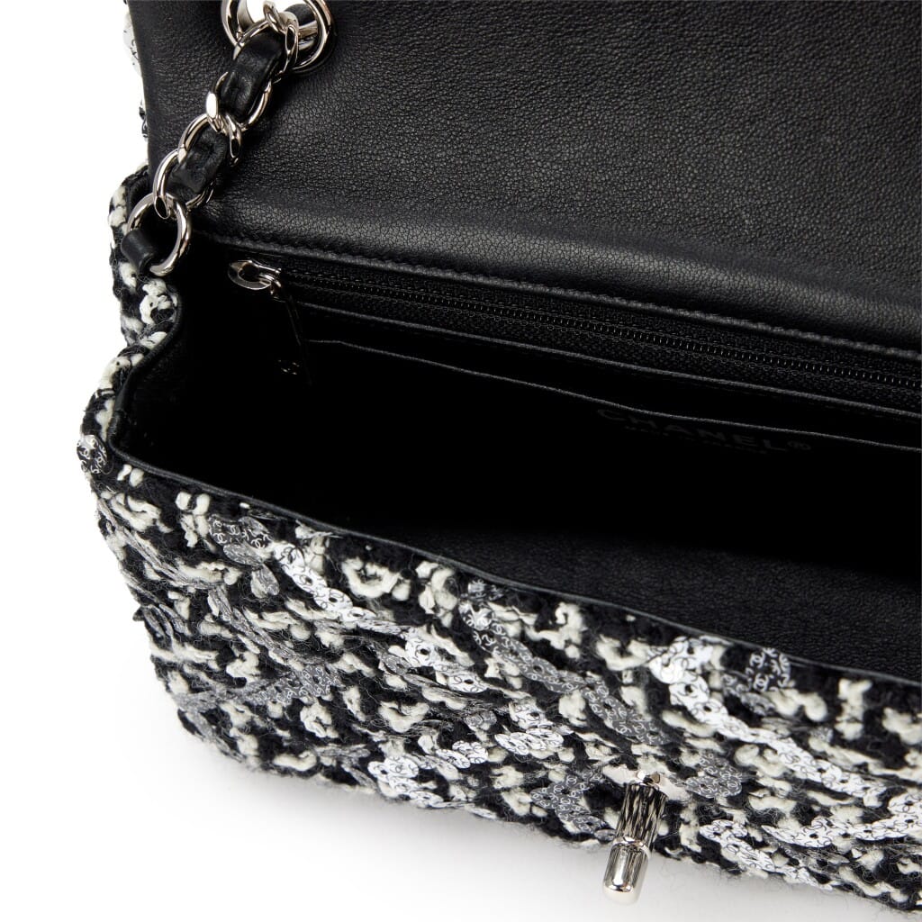 Black and White Tweed Sequin Mini Rectangular Classic Single Flap Bag Silver Hardware, 2021