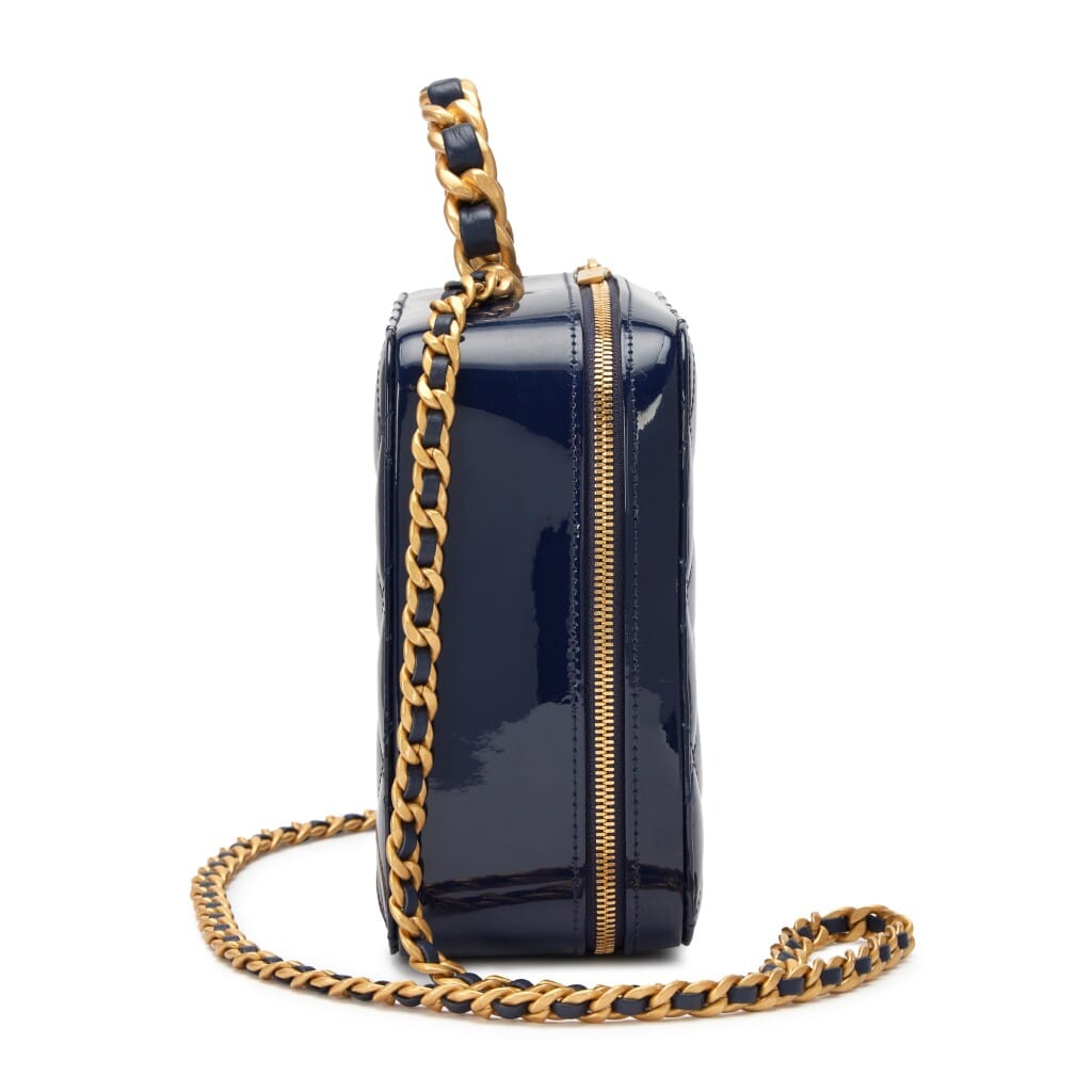 Navy Blue Patent Quilted Top Handle Vanity Case Aged Gold Hardware, 2022